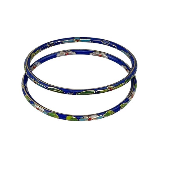 Vintage Cloisonné Enamel Bangles Set Of 2 Blue Floral Design Womens Jewelry - Picture 3 of 8
